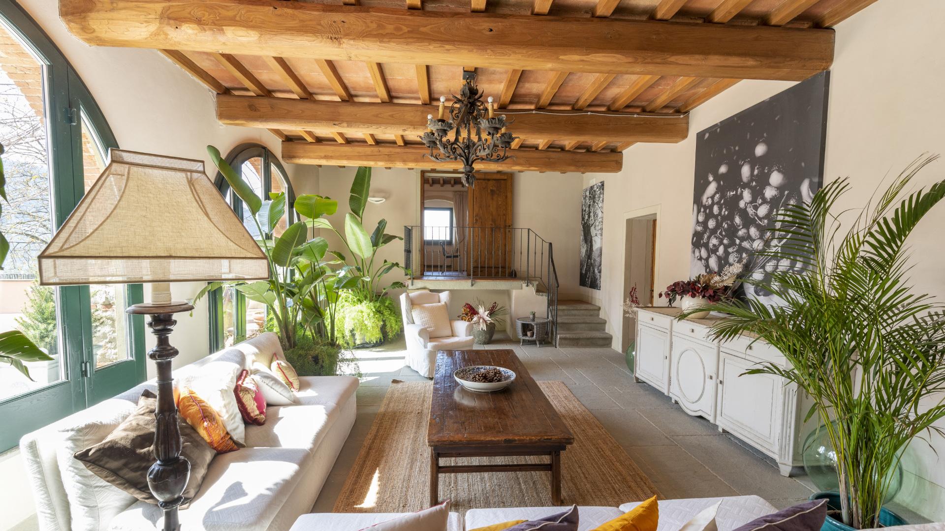 Elegant rustic living room, lush plants, warm light, creating a cozy and serene atmosphere.