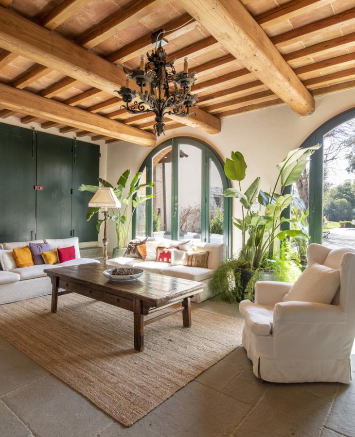 Bright living room with plants, colorful sofas, wooden beams, warm and cozy atmosphere.
