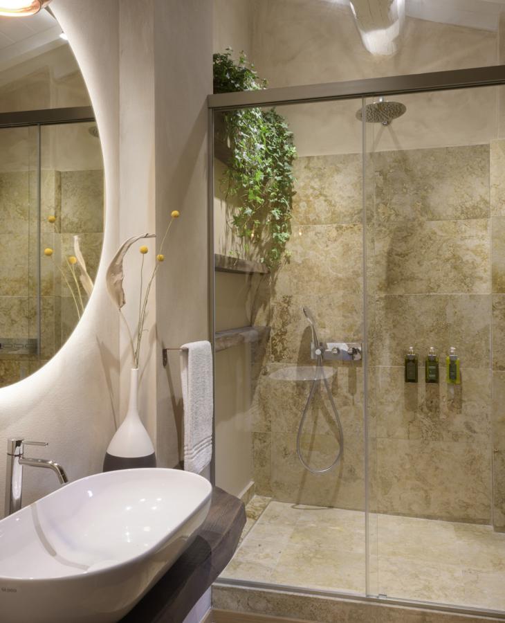 Elegant bathroom with modern shower, designer sink, and green plants.